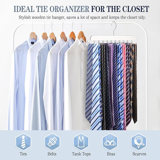 Tie Rack Belt Hanger for Closet Fitnice Upgraded Non Slip Tie Hanger Space Saving with 20 Foldable Hooks Wooden Belt Tie Organizer for Tank Tops Bras Cami Scarves