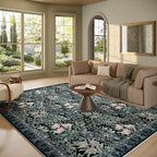 Washable Area Rugs 8x10 Black Green Vintage Floral Botanical Pattern,Perfect for Living Room, Bedroom, Kids Room, Nursery - Stain & Water Resistant Non-Slip, Pet & Child Friendly/Bedroom Decor