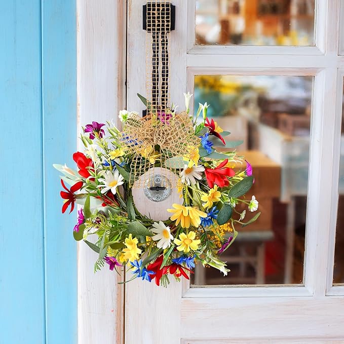 6 PCS Small Spring Floral Kitchen Cabinet Wreath Mini Artificial Sunflowers Daisy Wreath for Front Door with Burlap Ribbon Wide Flower Hanging Farmhouse Wreaths for Porch Wall Window Decor