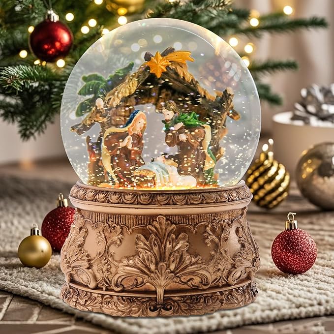 Christmas Snow Globe Musical - Nativity Snowglobe Vintage Water Snow Globes LED Light Change Music Box Home Christmas Decor for Kids Gold