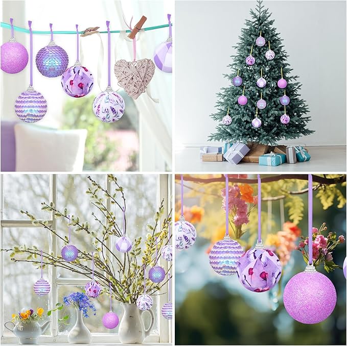 Zhanmai 12 Pcs Spring Balls Ornaments Butterfly Ball Hanging Decorations Lavender Flower Theme Ball Decorations for Holiday Easter Home Party Favors Decor(Spring)