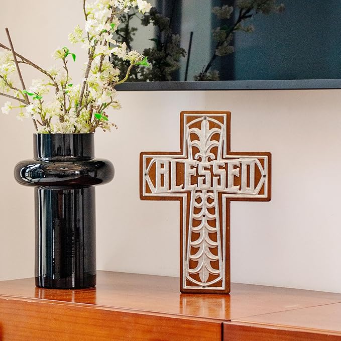 Wall Wooden Cross Christians Spiritual Religious Gifts With Hook on Hanging Wall Or Table With Blessed For Church Home Room Decoration For Christmas (Iron Blessed)