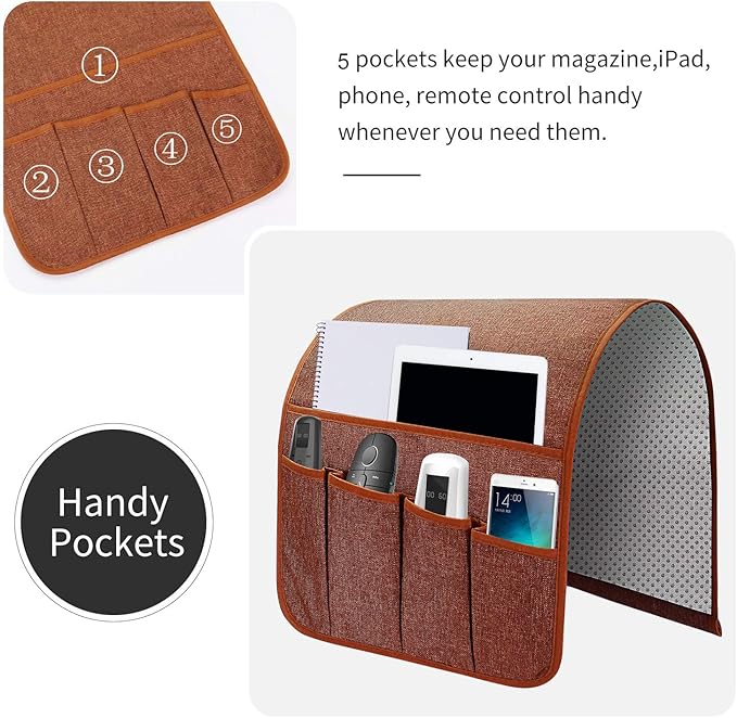 Sofa Armrest Organizer, Remote Control Holder for Recliner Couch, Arm Chair Caddy with 5 Pockets for Magazine, Tablet, Phone, iPad