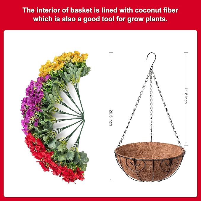 Artificial Flower in Hanging Basket Outdoor Indoor Garden Yard,Coconut Lining Flowerpot with Faux Plant,Daisy with Eucalyptus Leaves Arrangement for Home Spring Summer Decor(Red Purple Yellow)