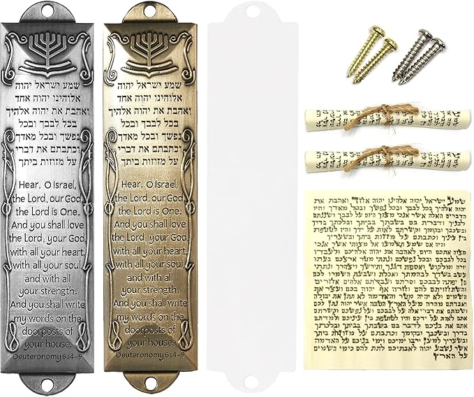 Mezuzah with Scroll for Door, Metal Mezuzah Cases with Lid, Plaque with English and Hebrew Blessing Scripture for Jewish House Warming Gift, Hannukah Decor (2 Sets), Antique Gold & Silver