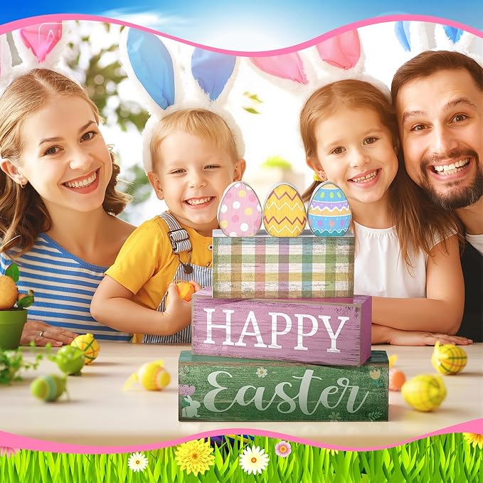 Lineshading 4 Pcs Easter Table Decoration Wooden Pastel Eggs - No Assembly Required Reusable Happy Easter Tiered Tray Decor, Perfect for Home Kitchen Party Farmhouse Centerpieces & Holy Week Gift