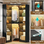 Corner Closet System with 2 Motion Sensor Lights, 39.2" Corner Closet Organizer with 12 Shelves, Closet Corner with 2 Hanging Rods, Versatile 6-Tier Walk-in Closets for Corner Space, Black