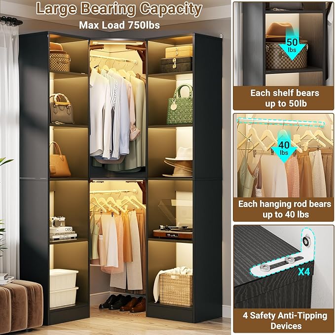 Corner Closet System with 2 Motion Sensor Lights, 39.2" Corner Closet Organizer with 12 Shelves, Closet Corner with 2 Hanging Rods, Versatile 6-Tier Walk-in Closets for Corner Space, Black
