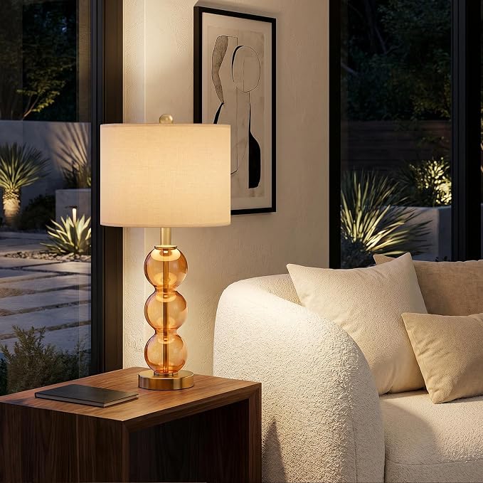 Oneach 25" Amber Glass Table Lamps for Living Room, Glass Modern Table Lamp Set of 2, USB Charging Ports, Linen Shade, Bedside Lamps for Bedroom, Nightstand, Side Table (Bulbs not Included)