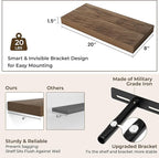 RICHFOCUS 20Inch Floating Shelves for Wall 2 Pack Shelves for Bedroom|Kitchen|Bathroom|Laundry Room Rustic Wood Wall Mounted Shelf with Invisible Brackets for Books|Storage|Decor, Walnut