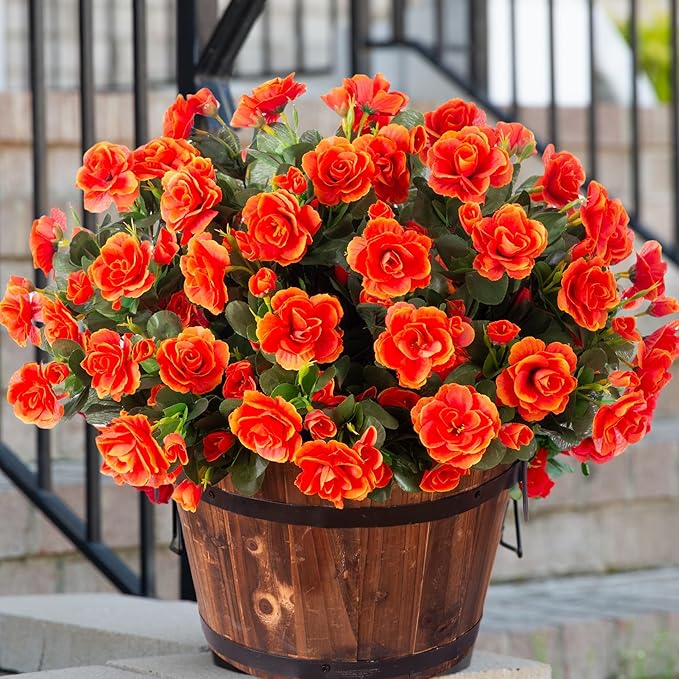 HyeFlora Artificial Faux Outdoor Outside Flowers Plants For Spring Decor, Fake Silk Orange Camellia UV Resistant Look Real for Autumn Planter Front Door Porch Patio Balcony Decoration, 3 Large Bundles