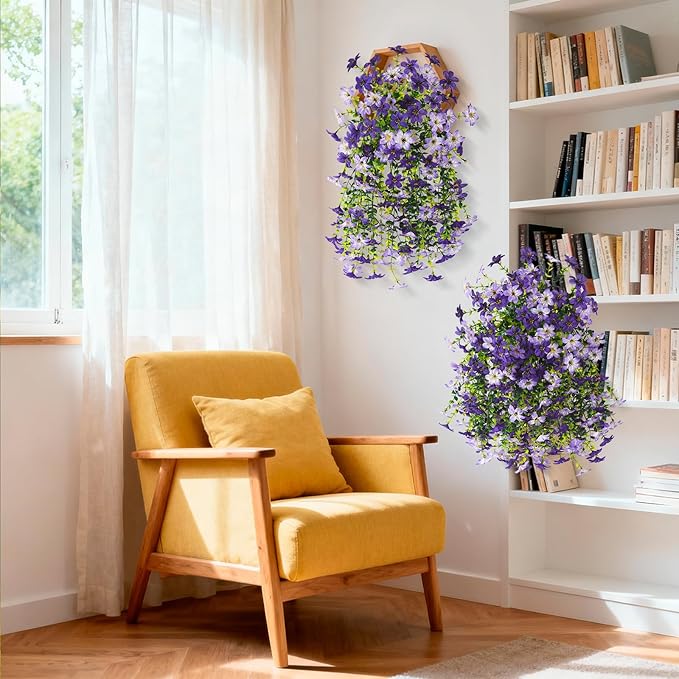Artificial Hanging Flowers Plants for Outdoor Spring Decoration, 2 PCS Fake Silk Daisy Flower Planter UV Resistant Look Real for Outside Patio Porch Home Summer Decor (Purple)