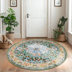 U'Artlines Boho Round Vintage Area Rug 4ft Machine Washable Low Pile Soft Floor Carpet Non Slip Non Shedding Accent Rug for Living Room Bedroom Entryway Dining Room Office Green