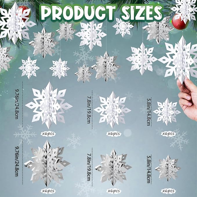OuMuaMua Winter Christmas Snowflake Decorations Indoor, 36PCS 3D Large White and Silver Snowflakes Hanging Ornaments for Home Xmas Christmas Holiday Winter Wonderland New Year Party Decorations