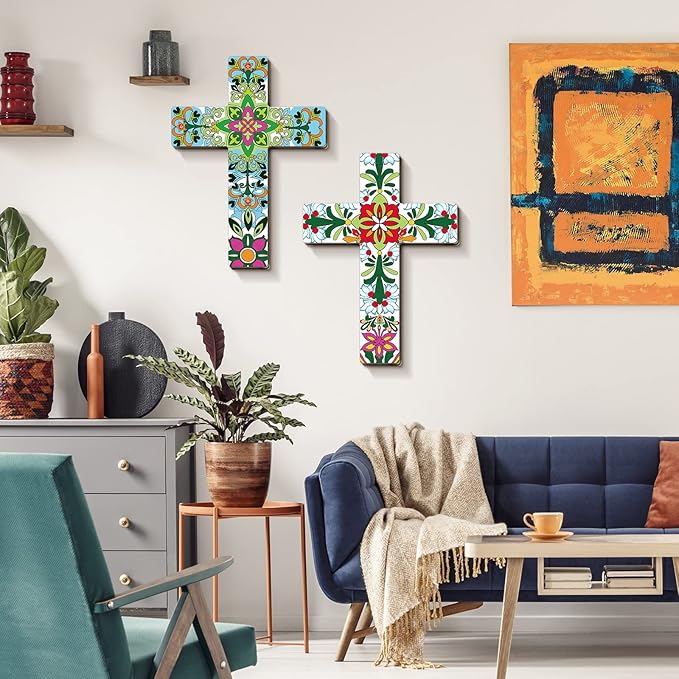 Pinkunn 2 Pcs Mexican Cross Wall Decor Floral Day of The Dead Decoration Hand Painted Wood Wall Art Dia De Los Muertos Altar Decorations Spanish Cross Decor for Home(Vibrant Flower)
