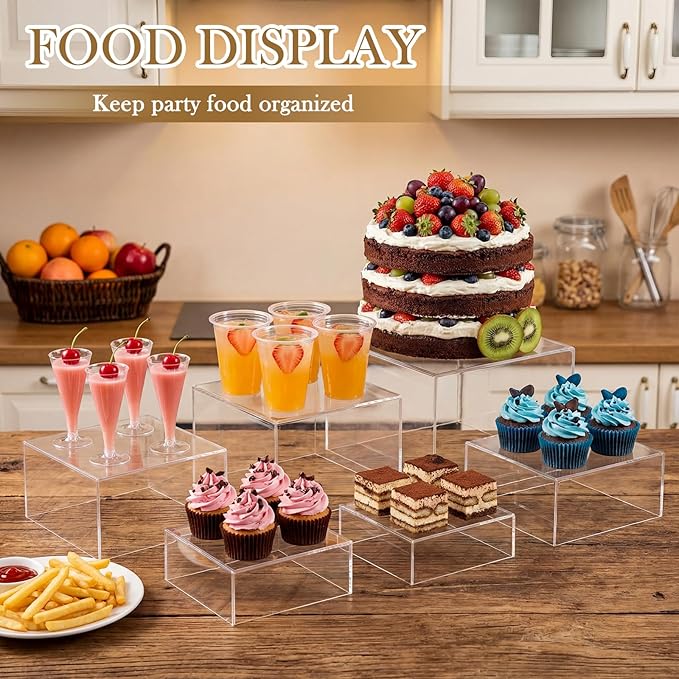 Geelin 6 Pack Acrylic Risers for Display Acrylic Cube Boxes Risers Display Stands with Hollow Bottoms Decorative Stand for Jewelry Candy Table Decor 6 Sizes(Clear,7 to 12 Inch,Square)