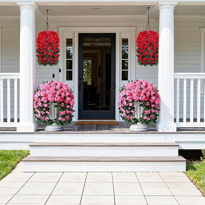 Artificial Fake Flowers Geraniums for Outdoors Spring Decor, 2 PCS Faux Hanging Plants Pink Outdoor Silk Flowers UV Resistant Realistic Trailing Vines for Outside Planters Porch Patio Garden Balcony