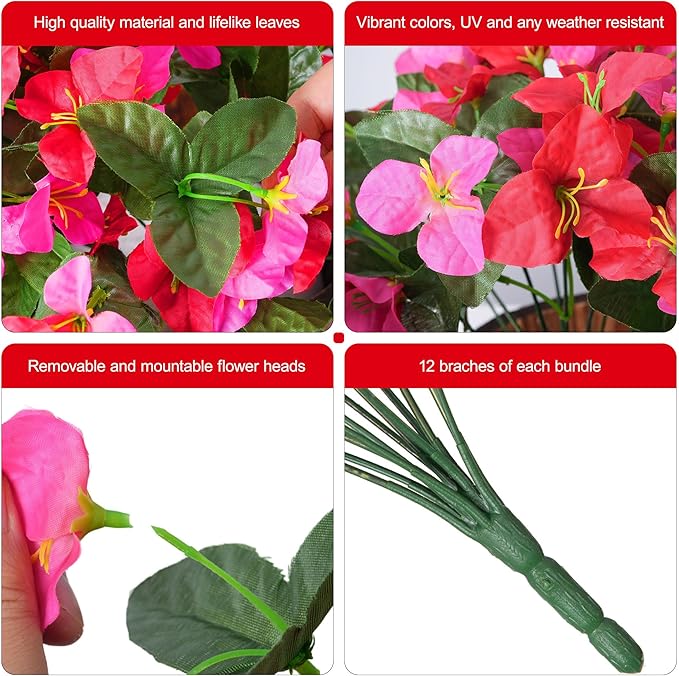Faux Bougainvillea Artificial Spring Flowers for Outdoors, 4 Bundles Fake Bougainvillea Outdoor Plants Silk Flowers for Outside UV Resistant for Outdoor Planters Porch Patio Window Box Garden Decor
