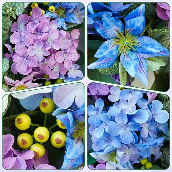 24 Inch Spring Summer Wreaths for Front Door - Blue & Purple Hydrangea Spring Door Wreath, Monet-Inspired Floral Decor with Hydrangea and Clematis for French Country, Spring and Summer, Indoor Outdoor