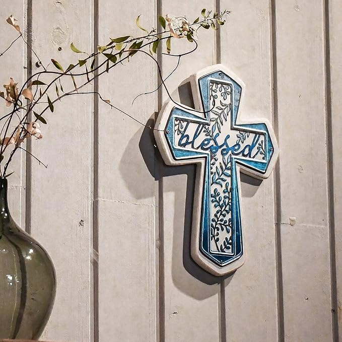 OKSQW 11" Wall Cross Handmade White Wood & Blue Iron Christians Spiritual Religious Cross with Hook Christmas Wall Hanging Cross with Blessed Design Crucifix Gift for Church Home Room Decor