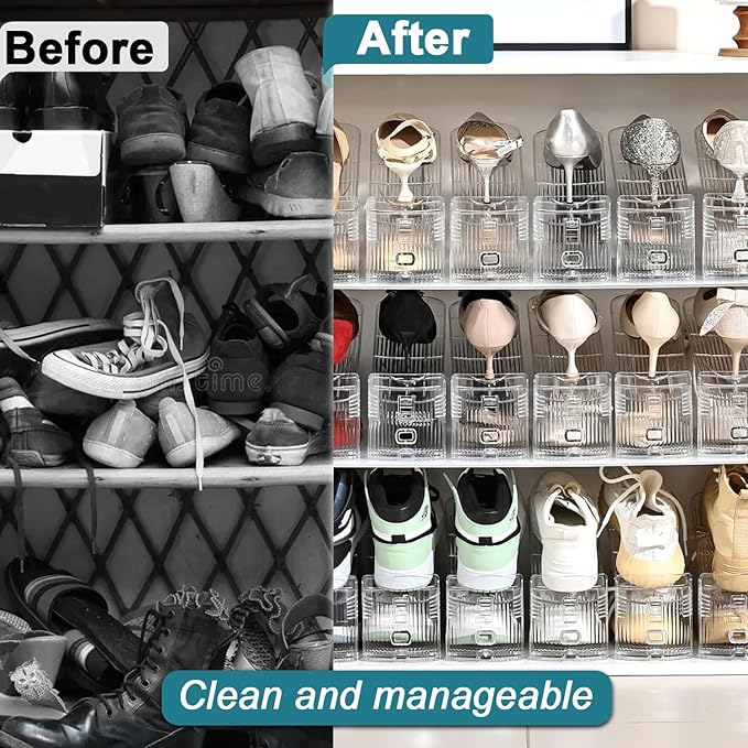 12 Pack Shoe Slots Organizer, Durable Stackable Shoe Holder for Closet Organization, Clear Double Layer Shoe Space Saver, Adjustable Shoe Stacker for Slippers, Loafers, Heels & Sneakers