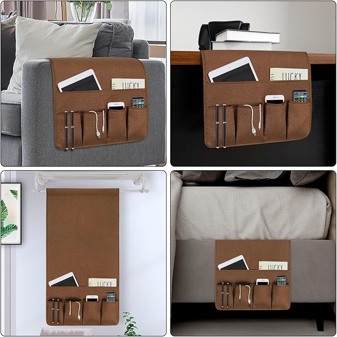 NB Sofa Armrest Organize Remote Holder Bedside Caddy Organizer With 5 Pockets, Non-Slip Couch Remote Control Holder Couch Armchair Caddy Accessories (Brown, 35''x18'')