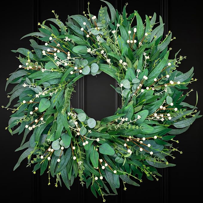 26-Inch Large Farmhouse Wreath for Front Door, All Season Eucalyptus Wreath for Indoor Outdoor Porch Wall Window, Artificial Greenery Everyday Home Decor fro Spring Summer Fall Winter