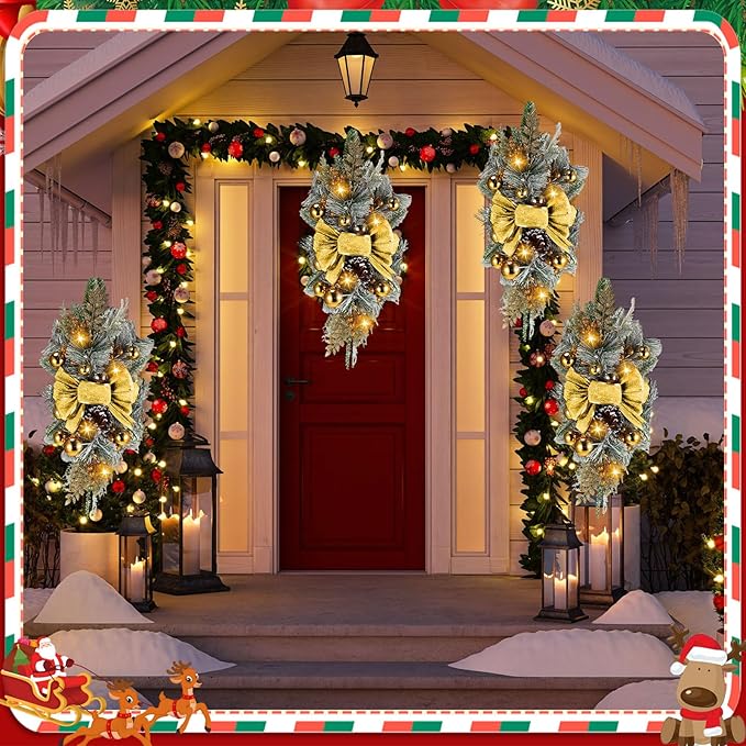 Lyrow 4 Pcs Cordless Prelit Christmas Artificial Swags 24" Xmas Stairway Swag Teardrop Trim Christmas Staircase Decoration Battery Operated Garland Indoor Outdoor Railing Decor (Chic Style)