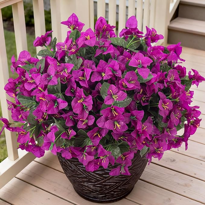 Artificial Flowers Faux Plants for Outdoors Spring Summer Decor, 6 Bundles Fake Bougainvillea Silk Flowers UV Resistant Realistic for Outside Planter Porch Patio Garden Home(Purple)