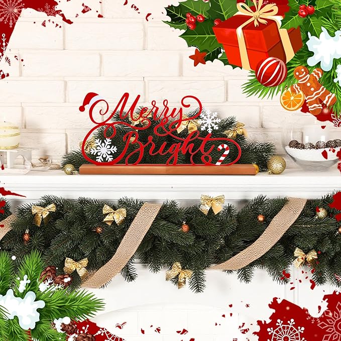 Teenyyou Christmas Table Decoration Merry Bright Christmas Metal Word Sign Merry Bright Table Centerpiece Xmas Party Decor Gift with Wooden Base for Holiday Tabletop Desk Decoration