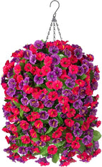 Artificial Flowers with Hanging Basket, Outdoor Faux Plants Silk Morning Glory Vines, Fake Green Arrangement for Garden Patio Spring Summer Decor(Hot Pink Purple)