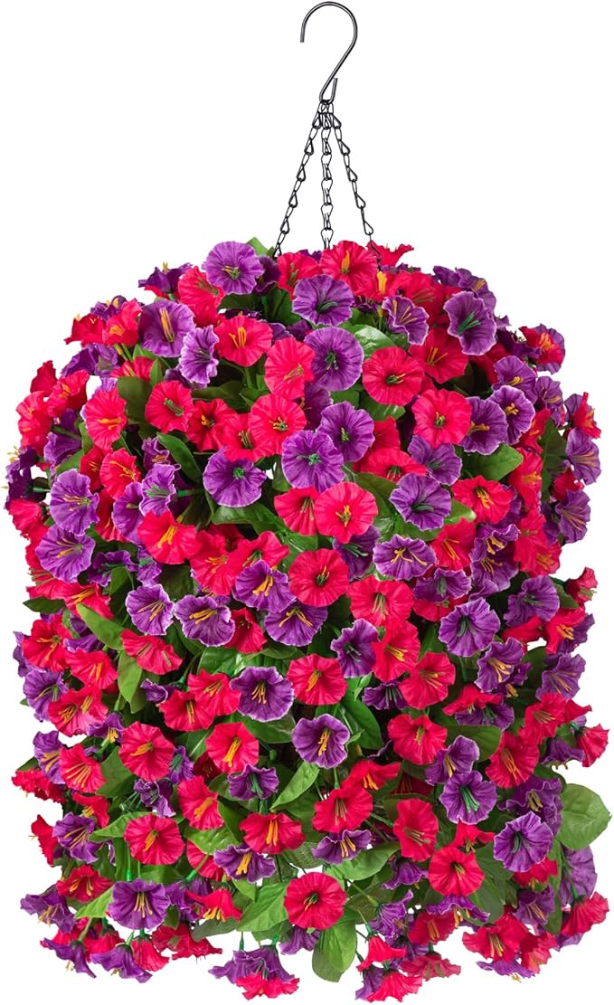 Artificial Flowers with Hanging Basket, Outdoor Faux Plants Silk Morning Glory Vines, Fake Green Arrangement for Garden Patio Spring Summer Decor(Hot Pink Purple)