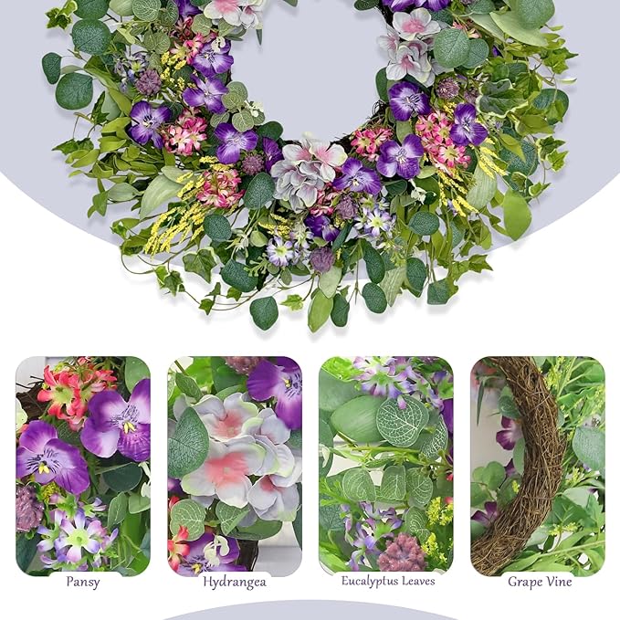 Jobflower Spring Wreaths for Front Door, 24 Inch Purple Summer Wreath Everyday Artificial Wild Flower Wreath for Wedding Home Wall Window Porch Indoor Decor