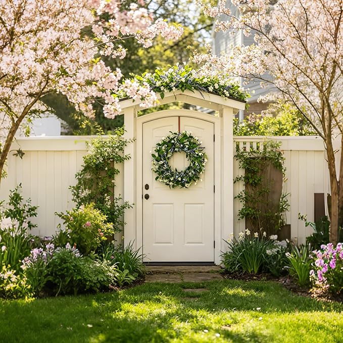 22 Inch Blue & White Floral Wreaths for Front Door, Spring Summer Floral Wreath with Pink Sash, Farmhouse Wreath for Porch, Wall, Window, Indoor Outdoor Home Decor