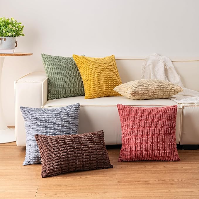 Aegero Pack of 2 Corduroy Decorative Throw Pillow Covers 20x20 Inch Soft Striped Pillow Covers Modern Farmhouse Home Decor for Sofa Living Room Couch Bed（White）