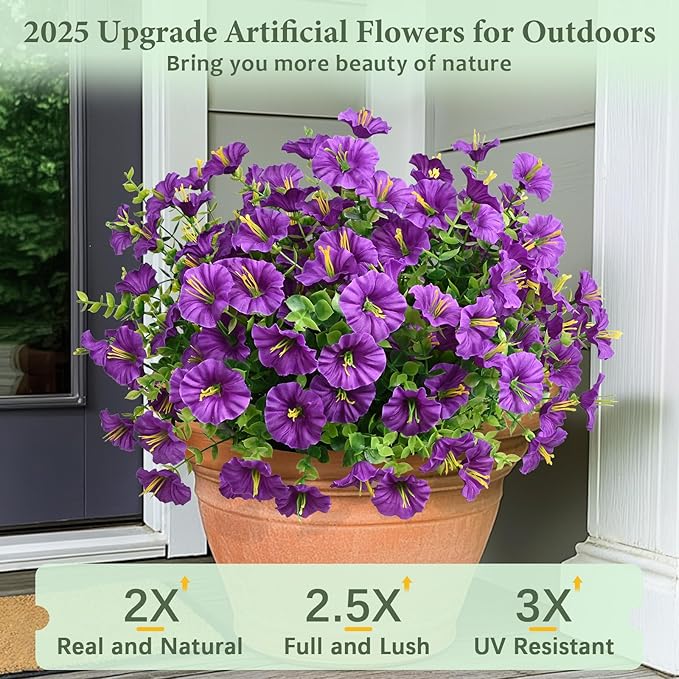 MARTINE MALL 24 Bundles Look Real Artificial Flowers for Outdoors, Realistic Fake Outdoor Flowers, UV Resistant Silk Petunia Flowers for Outside Faux Flowers Plants for Outdoor Porch, Purple