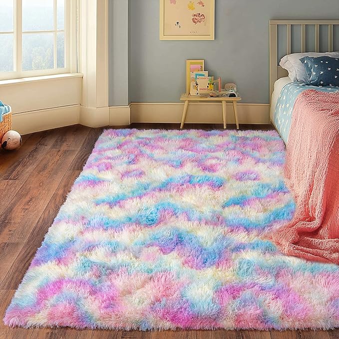 Rainbow Rug for Living Room, 8x10 Area Rug for Cute Girls Room, Bedside Indoor Floor Fluffy Shag Carpet, Plush Soft Rug for Bedroom Nursery Dorm Home Decor