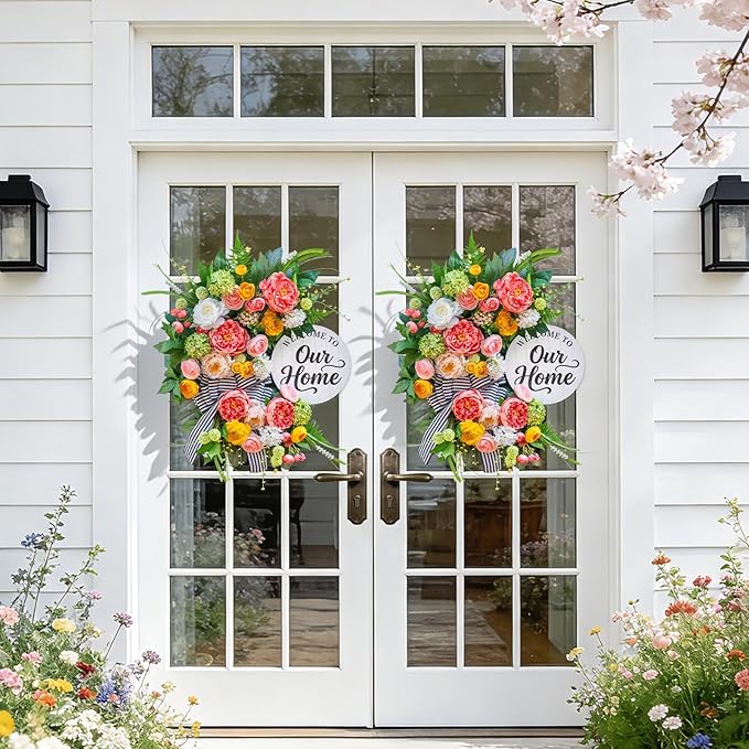Spring Summer Wreaths for Front Door 24 Inch, Half Moon Wreath with Peony, Rose & Dalia, Outdoor Spring Wreaths for Front Door Outside, Summer Wreath for Front Door Farmhouse Welcome Sign Door Decor