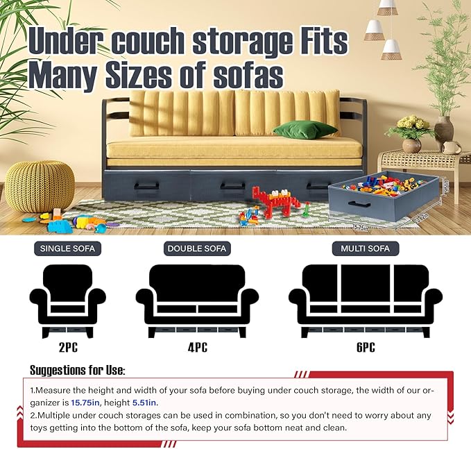Under Couch Storage, 2 Pack Under Bed Containers, Foldable Under Sofa Storage keeps things out, Under Couch Storage Box for Toys, Blocks, Puzzles, Plush Dolls, Books (23.62 * 15.75 * 5.51in)