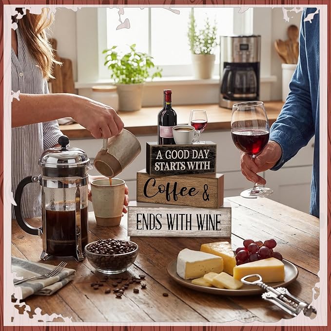Lineshading 4 Pcs Farmhouse Kitchen Decor Wooden Stacked Block Sign with Wine Bottle, Coffee Cup & Glass Sculpture a Good Day Starts with Coffee Ends with Wine Sign for Home & Bar Housewarming Gift