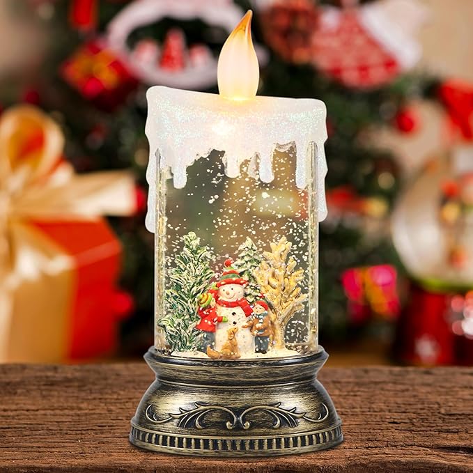 GenSwin Christmas Snow Globe Candle, Swirling Glittering Candle with Timer and Music, Red Hat Snowman and Kids Scene Lantern, USB/Battery Operated Candles for Christmas Decor