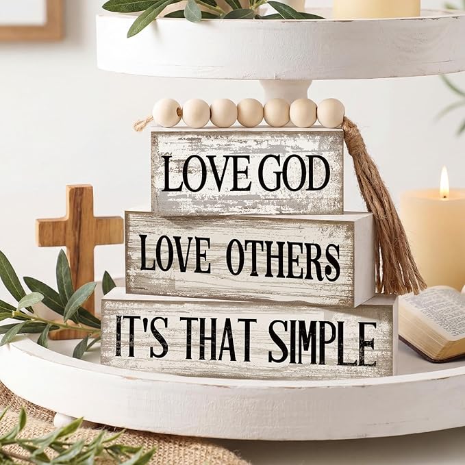 Moucuny 4 Pcs Christian Table Decor Rustic Wooden Block Sign Set with Love God Love Others It's That Simple Farmhouse Stacked Decor with Beaded Garland Tassel Christian Home Decorations for Home Shelf
