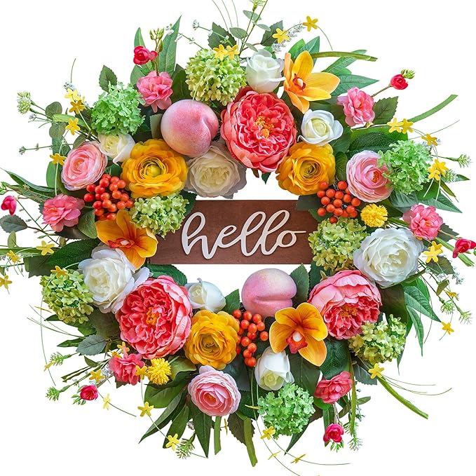 Spring Wreath for Front Door, 24 Inch Artificial Spring and Summer Wreath with Peony, Rose, Orchid, Hydrangea and Gardenia Flowers, Peach, Berries and Hello Wooden Sign, Decor for Indoor Outdoor