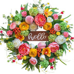 Spring Wreath for Front Door, 24 Inch Artificial Spring and Summer Wreath with Peony, Rose, Orchid, Hydrangea and Gardenia Flowers, Peach, Berries and Hello Wooden Sign, Decor for Indoor Outdoor