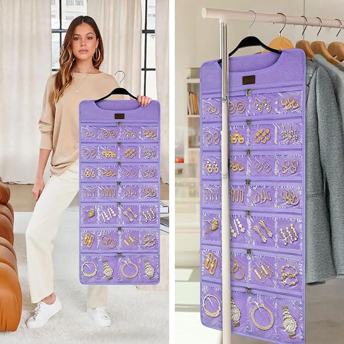 SMRITI Hanging Jewelry Organizer with Dual Zippered Pockets Canvas Double Sided Rotating Hanger Necklace Hanging Wall Organizer Earring Dustproof Holder Wall Mount Accessories Display Bag(Purple)