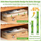 Livole Bamboo Under Bed Storage, 6-10 inches Height Adjustable Underbed Storage Containers, 92L XXXL Large Under Bed Storage Bins with Clear Lid & Label for Clothes, Blankets, Sweater, Shoes, 1 Pack