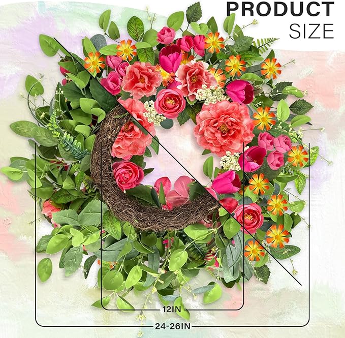 ICX 24 Inch Spring Wreaths for Front Door, Large Spring Summer Outdoor Door Wreath with Pink Peony Tulip Orchid, All Seasons Floral Wreath for Farmhouse Wall Porch Window Home Decor