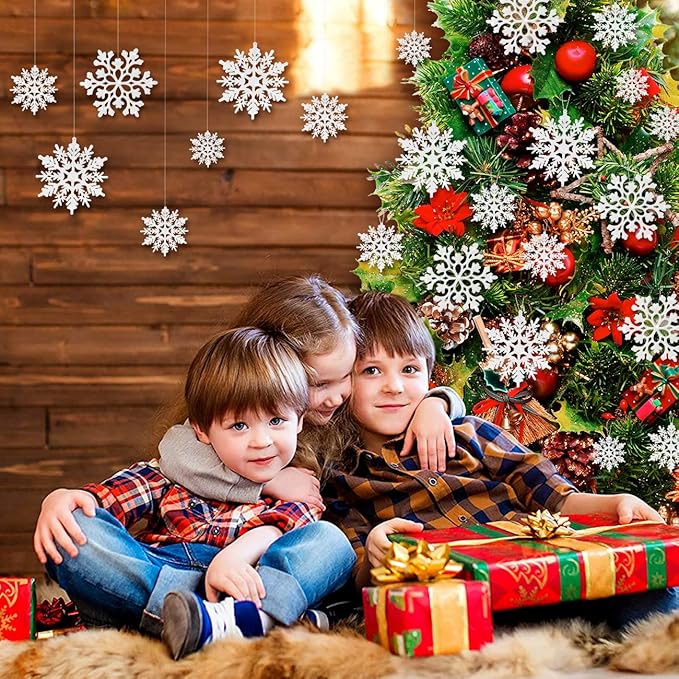 46Pcs Plastic Snowflake Ornament Christmas Glitter Snowflake Hanging Christmas Tree Decorations with Silver Rope for Winter Decorations Tree Window Door Accessories (White)