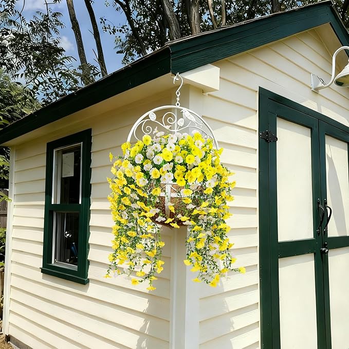 Fake Artificial Hanging Flowers for Outdoor, 8 PCS Silk Morning Glory Faux Flowers with Eucalyptus Leaves,Realistic Hanging Plants for Wedding Home Office Garden Decor