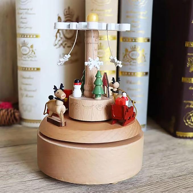 Natural Solid Wood Handcrafted Beech Wooden, Musical FigureTotoro/Carousel/Fairy/Ballerina Figurine,Rotating Hand Crank Mechanism Music Box,Musical Decorations (Merry Christmas)